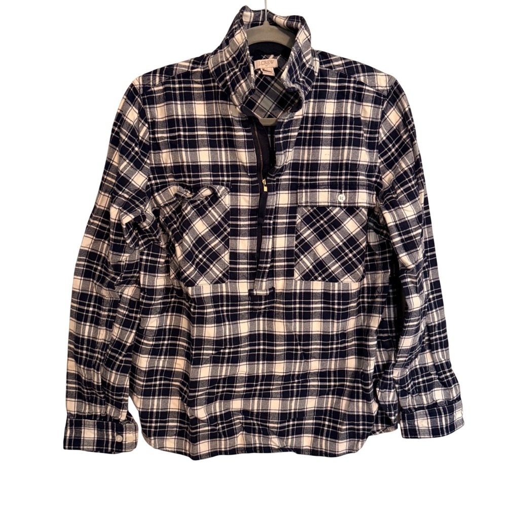 J.Crew Navy White Plaid Flannel Quarter Zip Pullover Shirt Small Preppy Casual